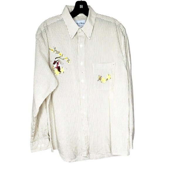 Las Olas Made in Korea Vintage Bird Floral Embroidered Gold Stud Button Up Shirt - Picture 1 of 12